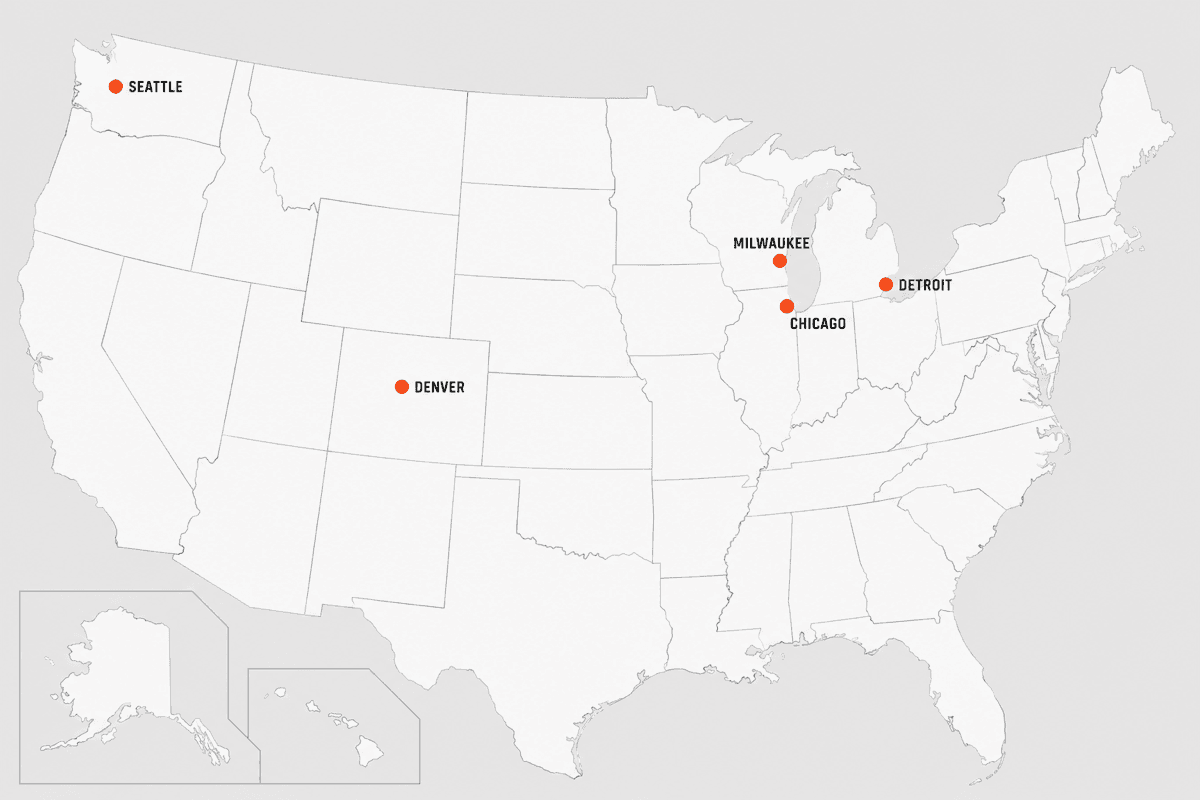 US map showing TireStorage.com service markets: Denver, Milwaukee, Chicago, Detroit, Seattle